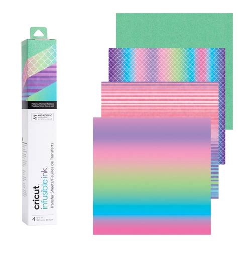 Cricut Infusible Ink Transfer Sheets 4-pack (Mermaid Rainbow); 30.5 cm x 30.5 cm; Produces stunning, vibrant, professional, and permanent heat transfers; Requires compatible Infusible Ink blank (sold separately) and Cricut EasyPress™ 2 or heat press that reaches 400°F (205°C); Transferred inks never flake, peel, crack or wrinkle